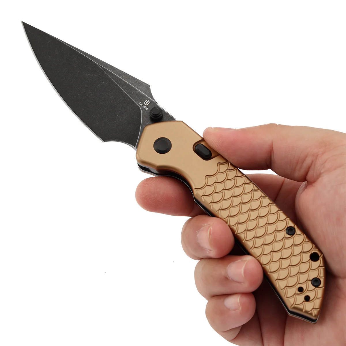 Tenable Fenrir Top Liner Lock Folding Knife| 3.4“ Blackwashed Nitro-V Blade | Bronze Aluminum with Fishscale Texture Handle | Sparrow Knife Design | B1034H11 - Image 9