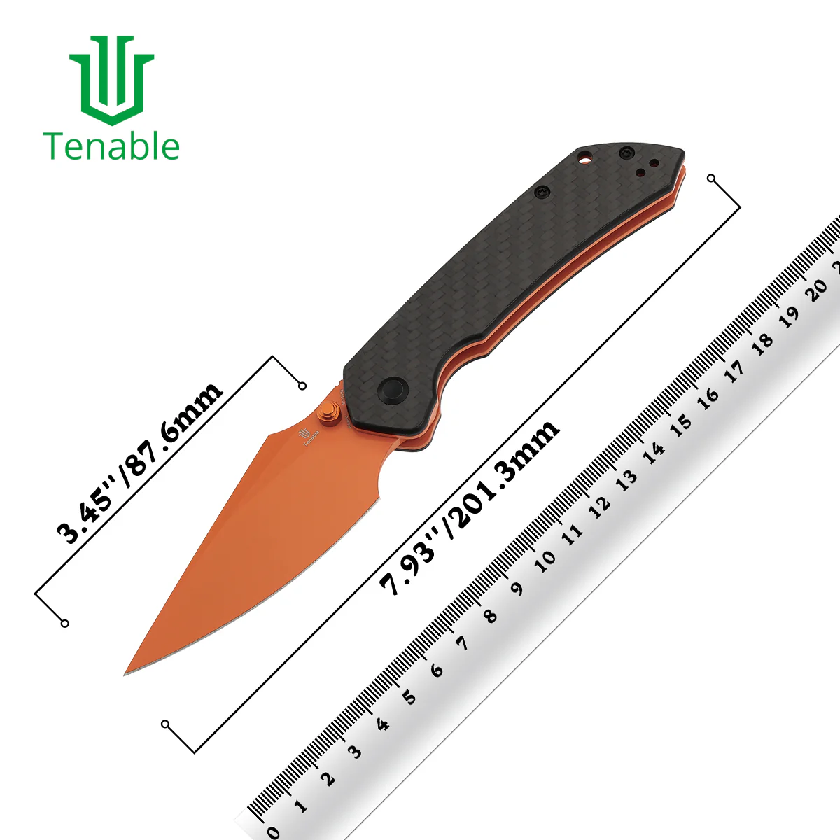 Tenable Fenrir Top Liner Lock Folding Knife|  Twill Carbon Fiber Handle | 3.48“  Orange Coated Nitro V Blade | Sparrow Knife Design | B1034H5 - Image 10