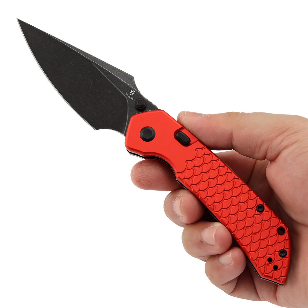 Tenable Fenrir | Top Liner Lock Folding Knife | 3.4“ Blackwashed Nitro-V Blade | Red Anodized Aluminum with Fishscale Texture Handle | Sparrow Knife Design | B1034H10 - Image 9
