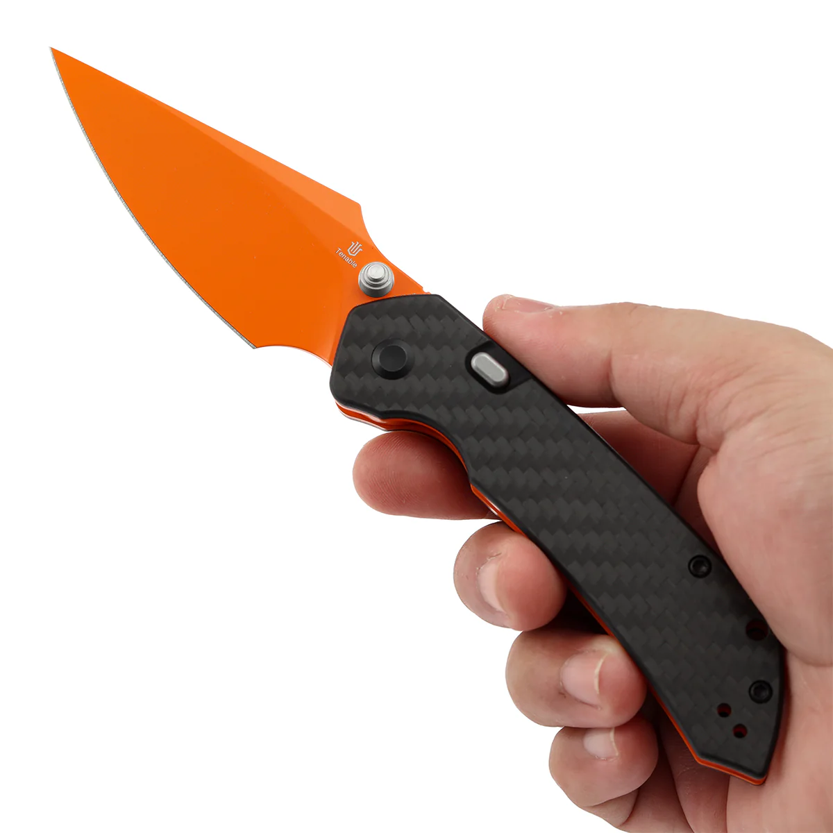 Tenable Fenrir Top Liner Lock Folding Knife| Twill Carbon Fiber Handle | 3.48“ Orange Coated Nitro V Blade | Sparrow Knife Design | B1034H5 (Stainless Steel Thumb Stud) - Image 9