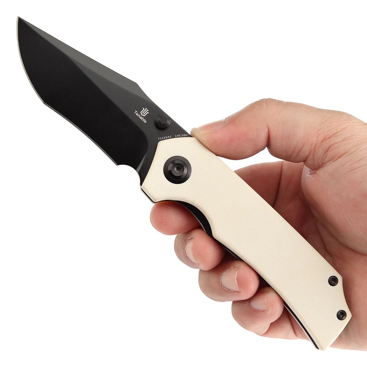 Tenable Fermi Folding Knife Ivory White G10 Handle (3.11'' Black TiCn Coated 14C28N Blade) Burchtree Designs-T1122A1 - Image 9