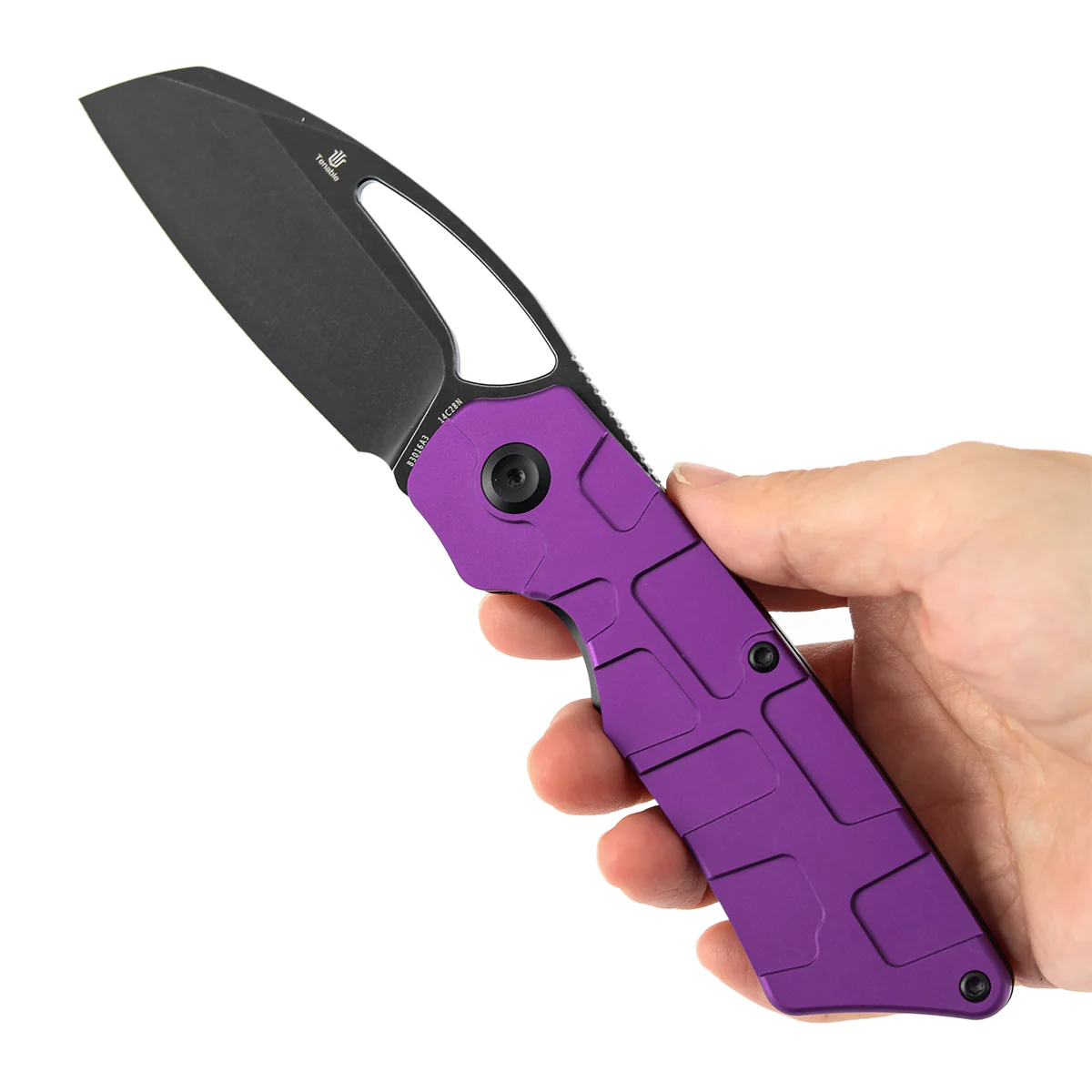 Tenable Goblin L Folding Knife | 3.08" Blackwash 14C28N Blade | Purple Anodized Aluminum with Amphibian-inspired Geometric Texture Handle | Marshall Noble Design | B3016A3 - Image 9