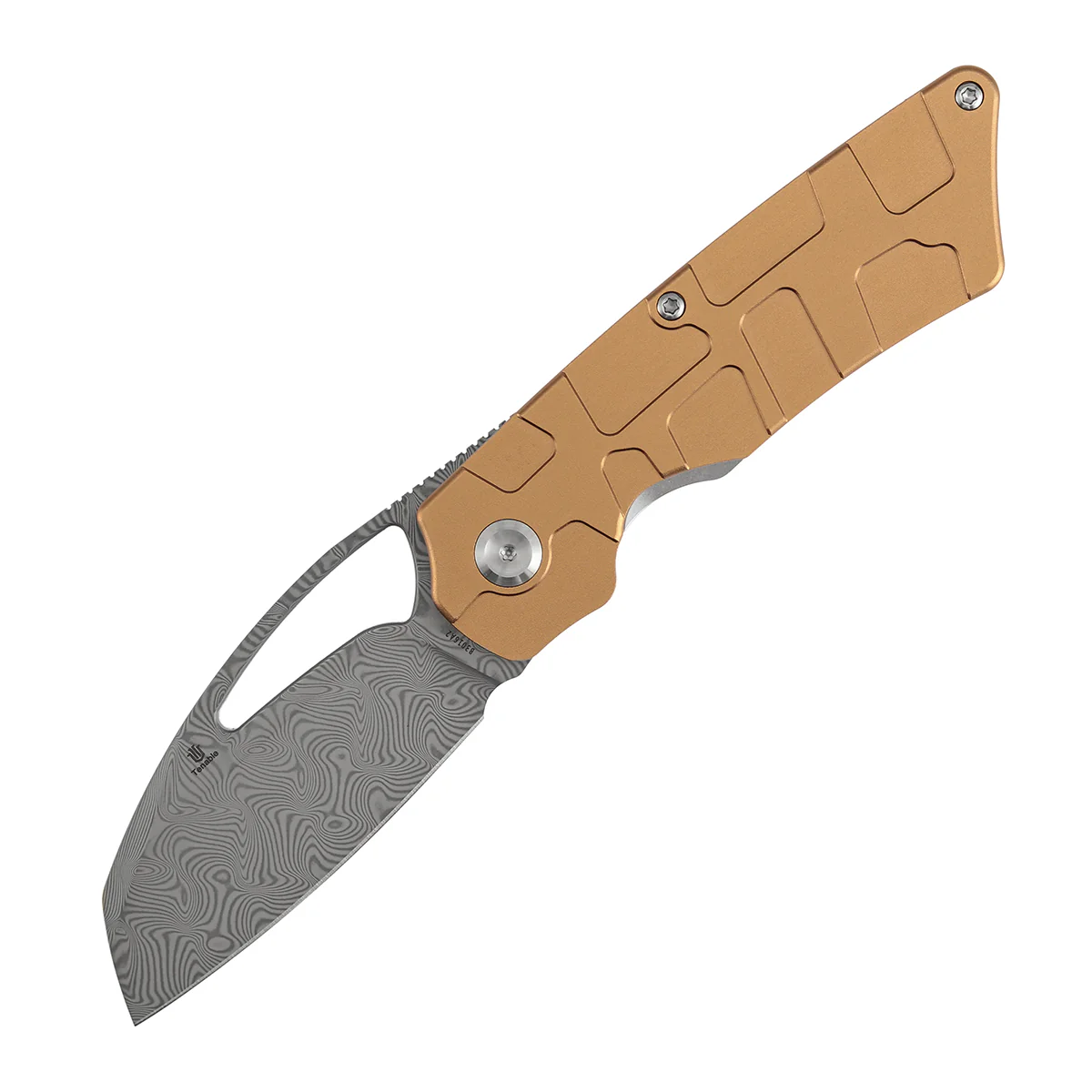Tenable Goblin L Folding Knife | 3.08" Water Ripple Damascus Blade |Bronze Anodized Aluminum with Amphibian-inspired Geometric Texture Handle | Marshall Noble Design | B3016A2 - Image 2