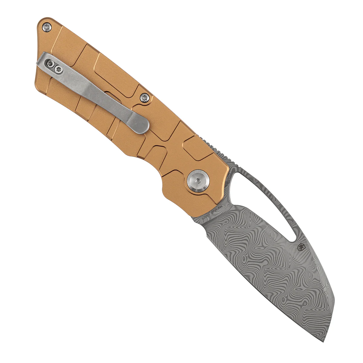 Tenable Goblin L Folding Knife | 3.08" Water Ripple Damascus Blade |Bronze Anodized Aluminum with Amphibian-inspired Geometric Texture Handle | Marshall Noble Design | B3016A2 - Image 3