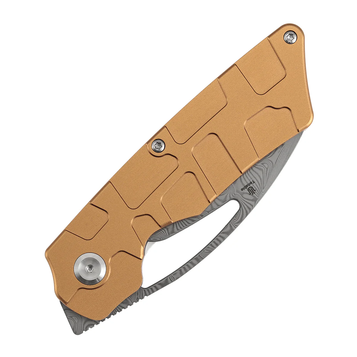Tenable Goblin L Folding Knife | 3.08" Water Ripple Damascus Blade |Bronze Anodized Aluminum with Amphibian-inspired Geometric Texture Handle | Marshall Noble Design | B3016A2 - Image 4