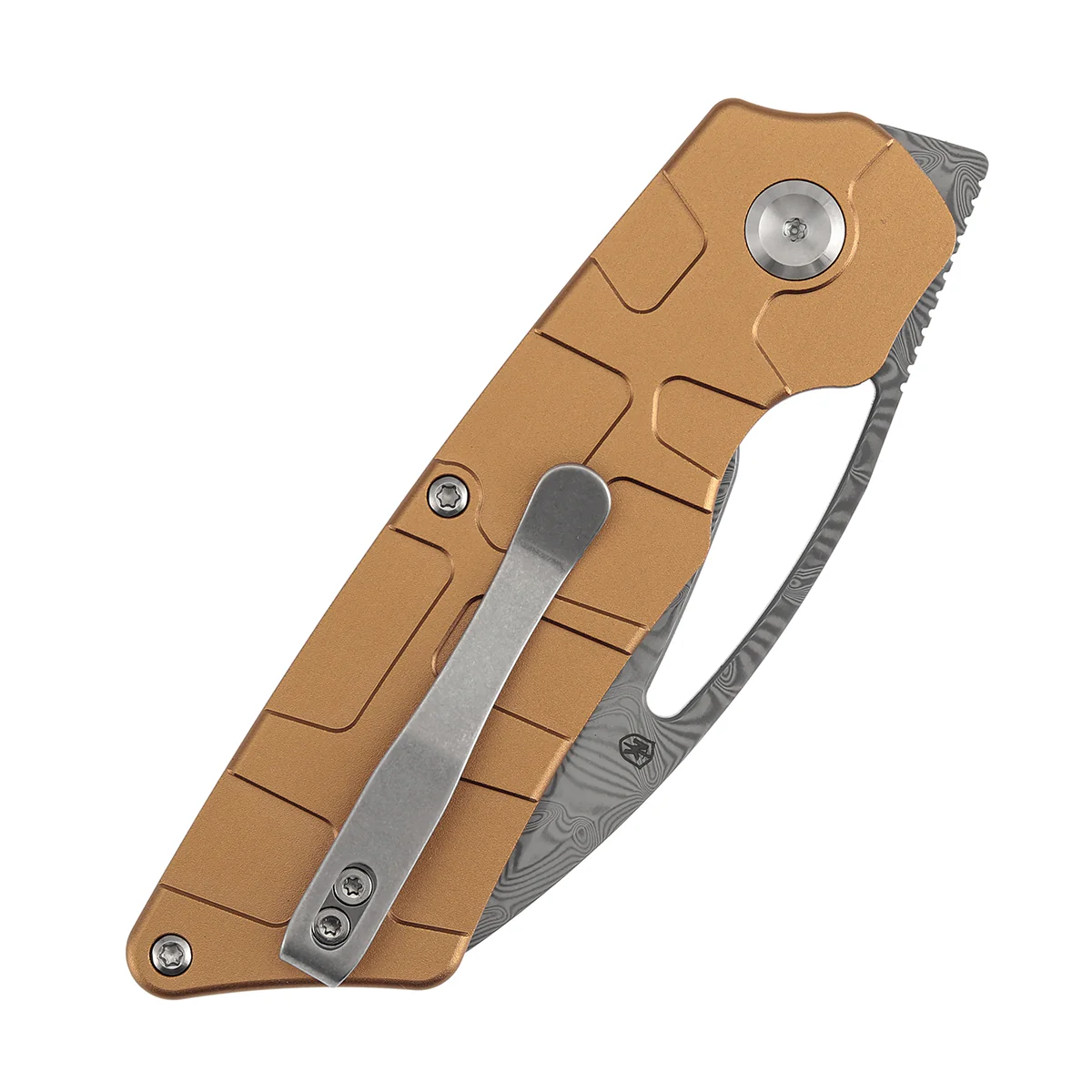 Tenable Goblin L Folding Knife | 3.08" Water Ripple Damascus Blade |Bronze Anodized Aluminum with Amphibian-inspired Geometric Texture Handle | Marshall Noble Design | B3016A2 - Image 5