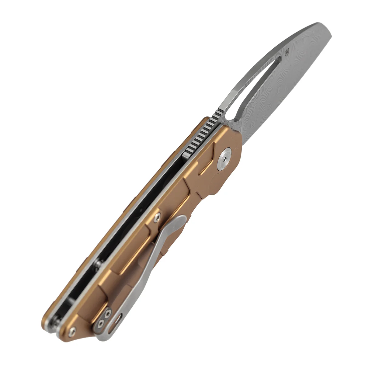Tenable Goblin L Folding Knife | 3.08" Water Ripple Damascus Blade |Bronze Anodized Aluminum with Amphibian-inspired Geometric Texture Handle | Marshall Noble Design | B3016A2 - Image 6