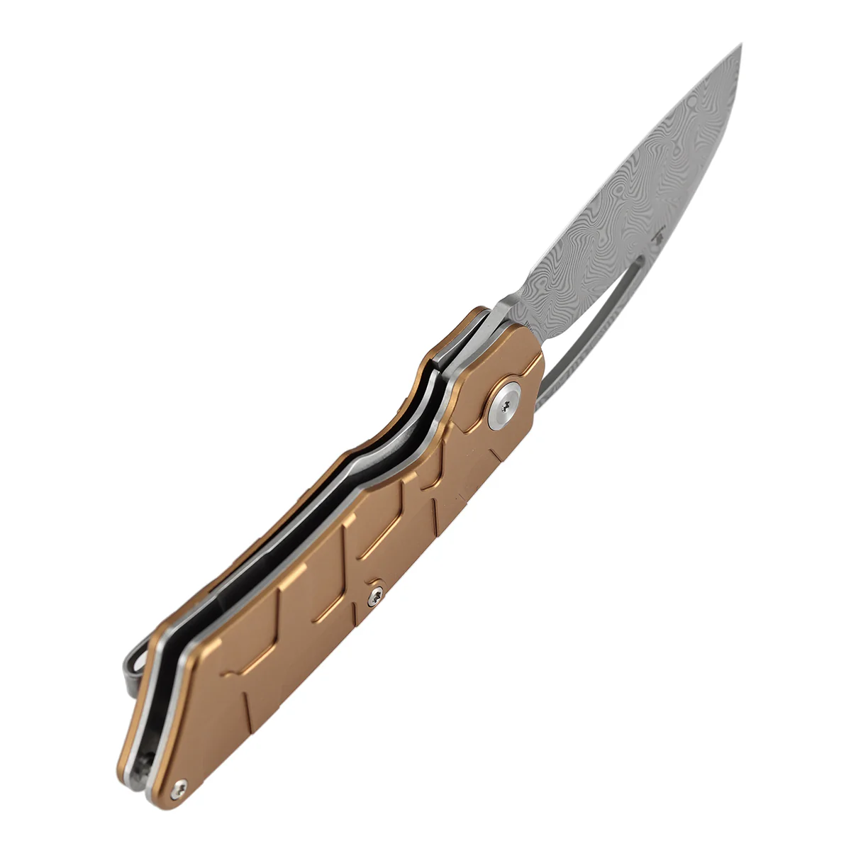 Tenable Goblin L Folding Knife | 3.08" Water Ripple Damascus Blade |Bronze Anodized Aluminum with Amphibian-inspired Geometric Texture Handle | Marshall Noble Design | B3016A2 - Image 7