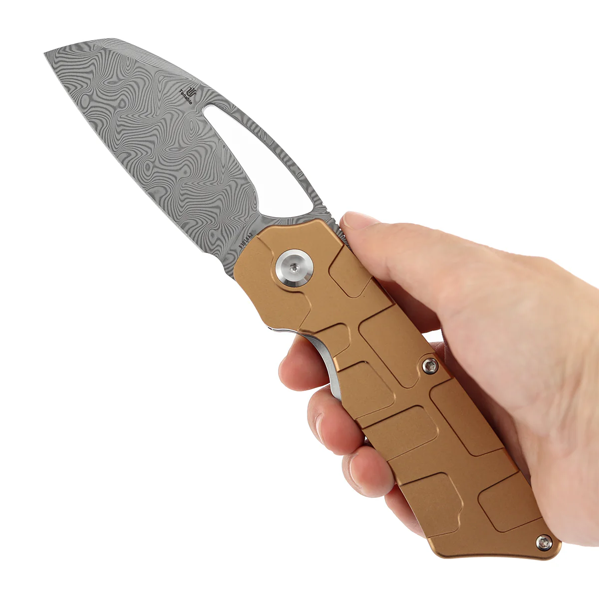 Tenable Goblin L Folding Knife | 3.08" Water Ripple Damascus Blade |Bronze Anodized Aluminum with Amphibian-inspired Geometric Texture Handle | Marshall Noble Design | B3016A2 - Image 9