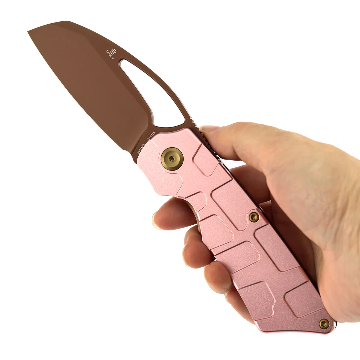 Tenable Goblin L Folding Knife | 3.08" Rose Gold 14C28N Blade | Rose Gold Aluminum with Amphibian-inspired Geometric Texture Handle | Marshall Noble Design | B3016A1 - Image 9