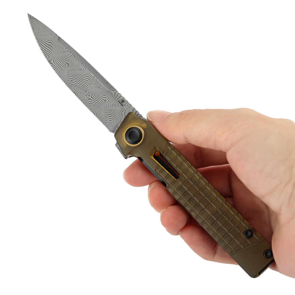 Tenable Kitpu Folding Knife | 2.9'' Water Ripple Damascus Blade | Amber PEI/Ultem with Frag Pattern Handle | Jonathan Styles Design - B2123A5 - Image 10