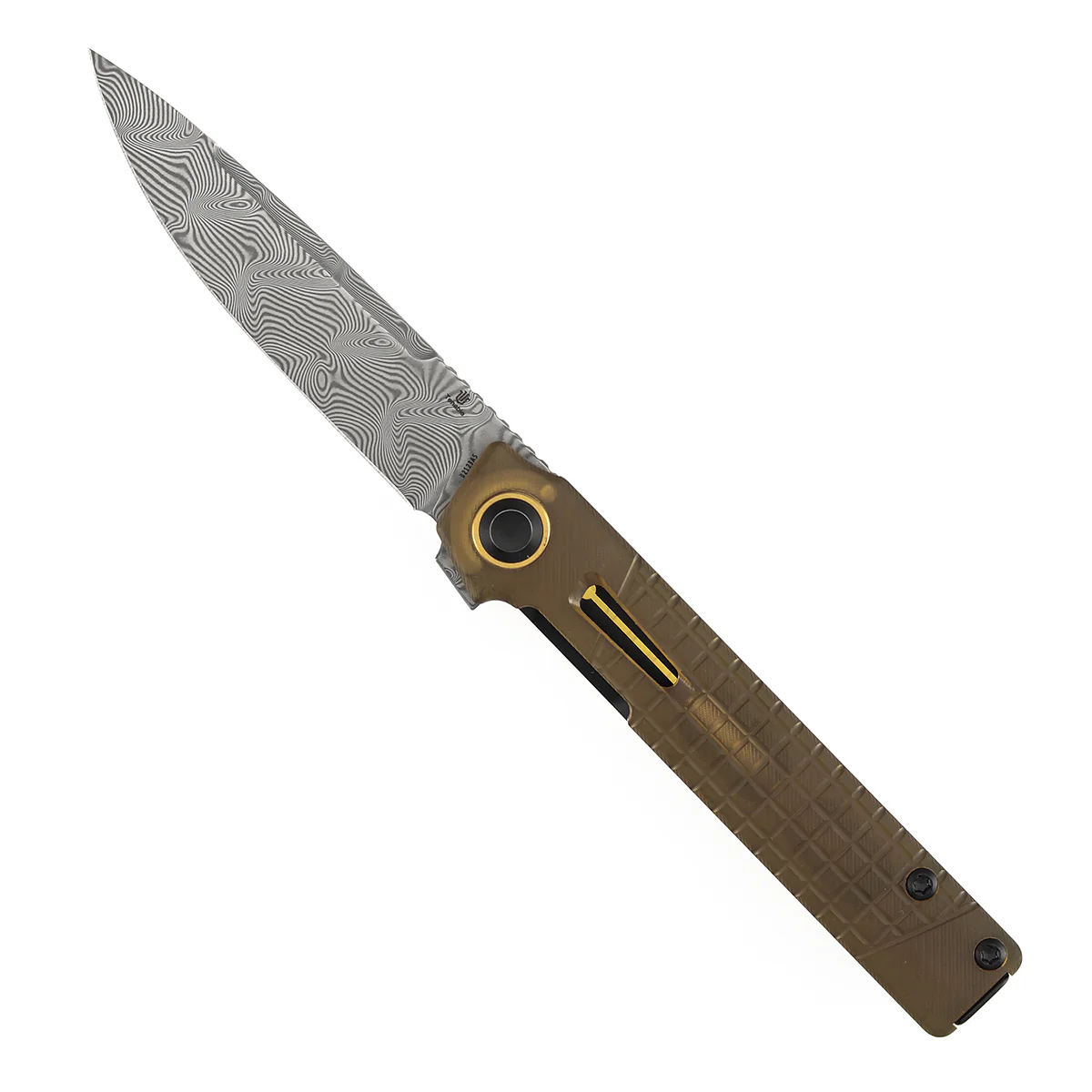 Tenable Kitpu Folding Knife | 2.9'' Water Ripple Damascus Blade | Amber PEI/Ultem with Frag Pattern Handle | Jonathan Styles Design - B2123A5 - Image 3