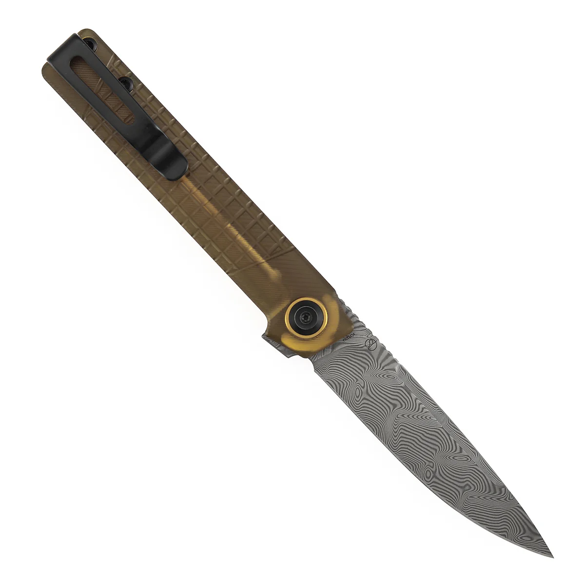 Tenable Kitpu Folding Knife | 2.9'' Water Ripple Damascus Blade | Amber PEI/Ultem with Frag Pattern Handle | Jonathan Styles Design - B2123A5 - Image 5