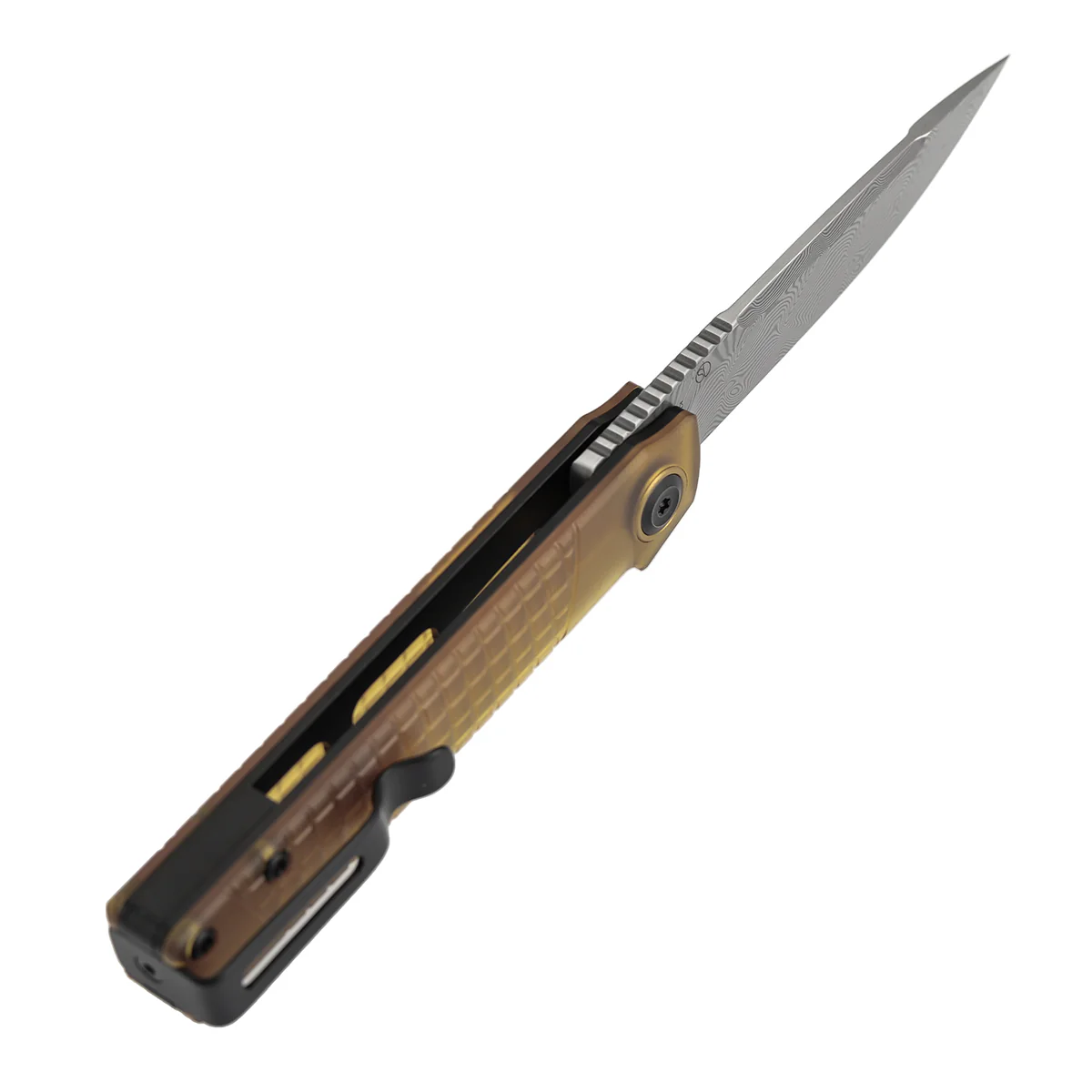 Tenable Kitpu Folding Knife | 2.9'' Water Ripple Damascus Blade | Amber PEI/Ultem with Frag Pattern Handle | Jonathan Styles Design - B2123A5 - Image 6