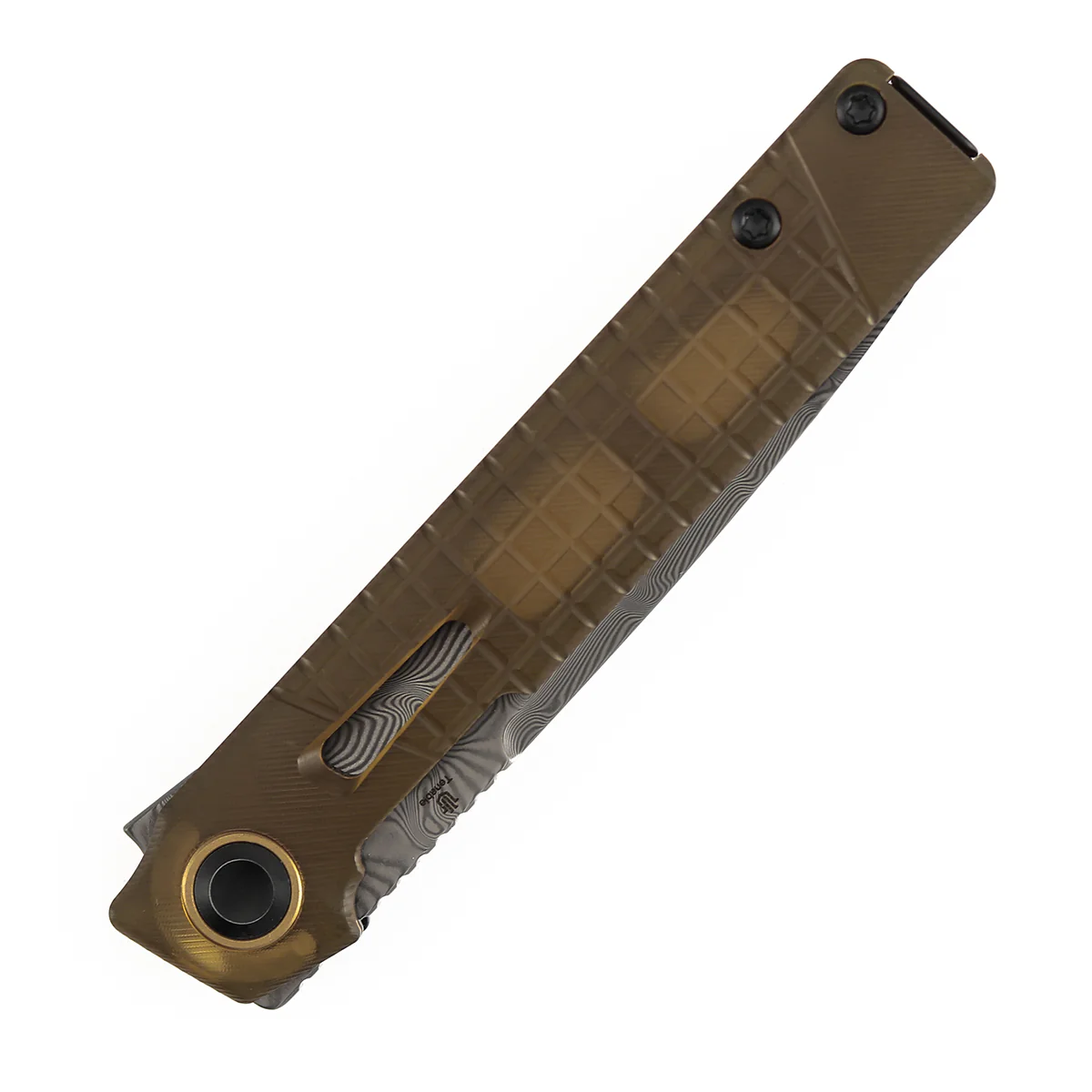 Tenable Kitpu Folding Knife | 2.9'' Water Ripple Damascus Blade | Amber PEI/Ultem with Frag Pattern Handle | Jonathan Styles Design - B2123A5 - Image 8