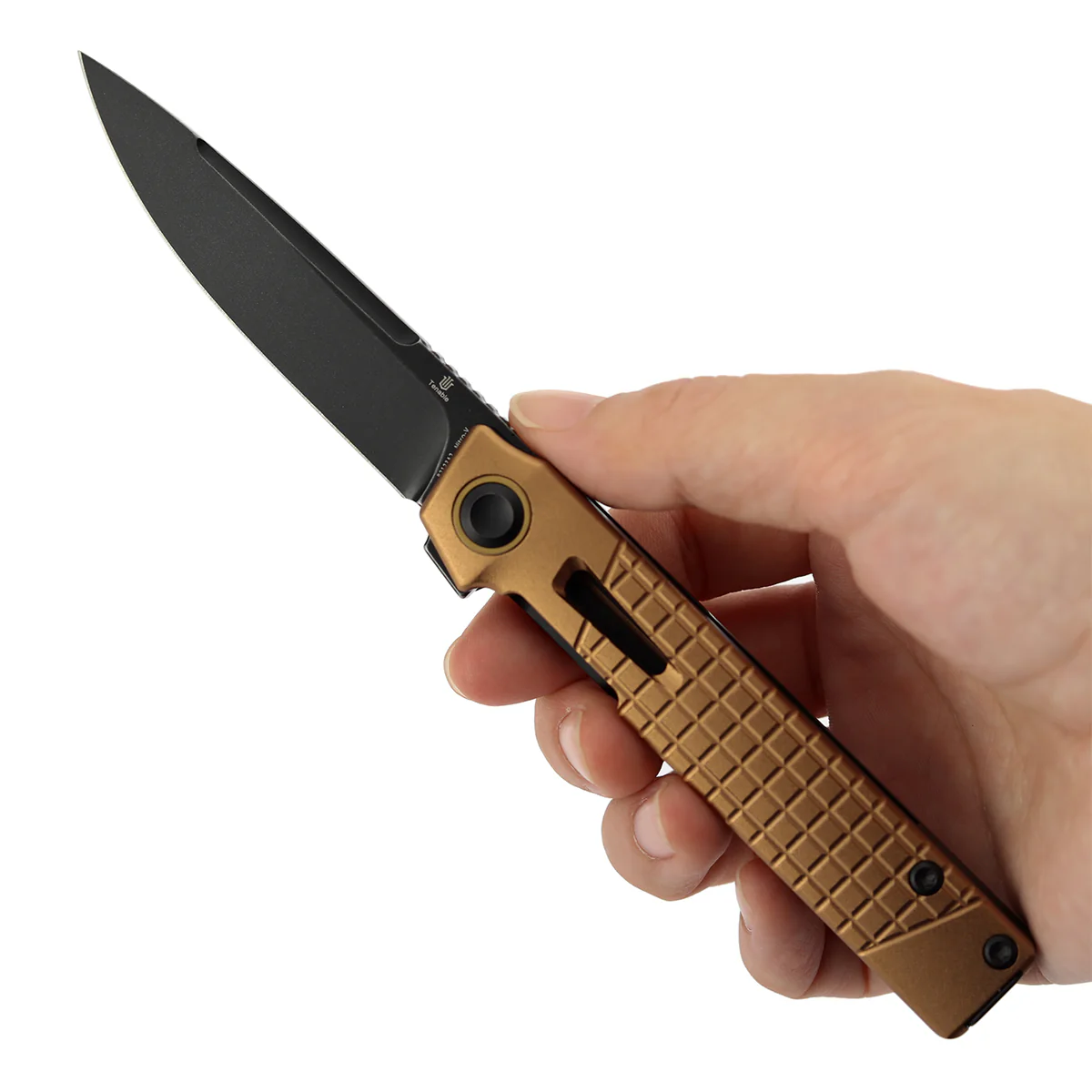 Tenable Kitpu Folding Knife | 2.9'' Blackwash Nitro-V Blade | Bronze Aluminum with Frag Pattern Handle | Jonathan Styles Design - B2123A2 - Image 10