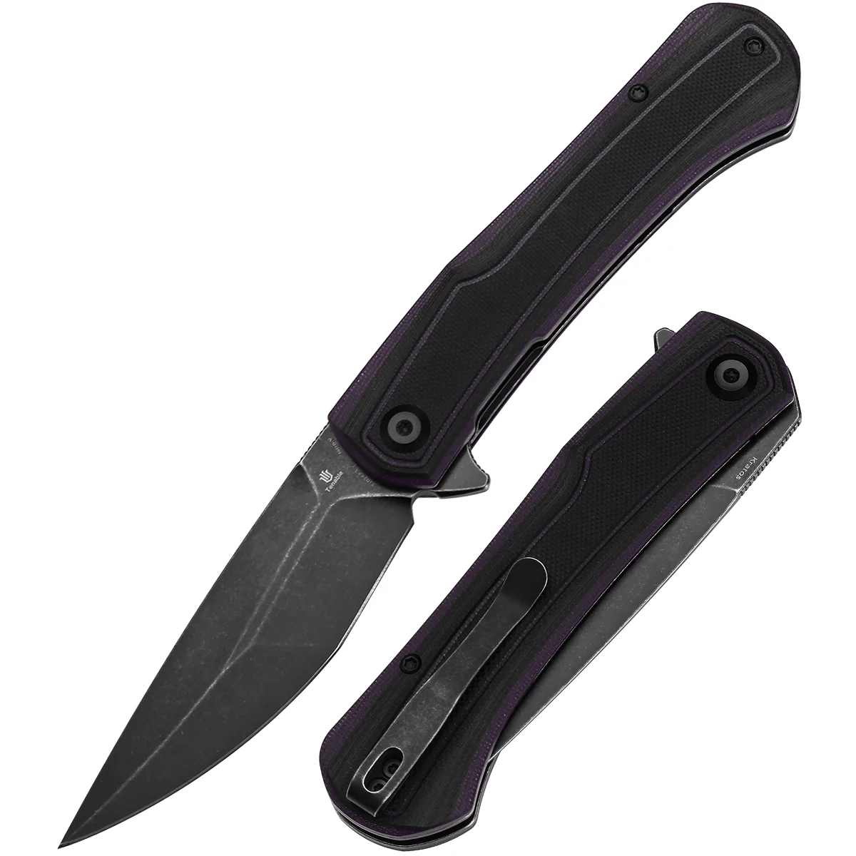 Tenable Kratos Folding Knife Black and Purple G10 Handle(3.79" Blackwash Nitro-V Blade) Ostap Hel Design-T1024A3