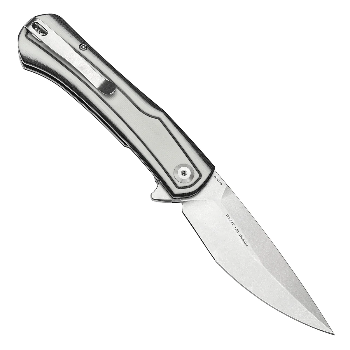 Tenable Kratos Folding Knife Black and White G10 Handle(3.79" Stonewashed Nitro-V Blade) Ostap Hel Design-T1024A5 - Image 3