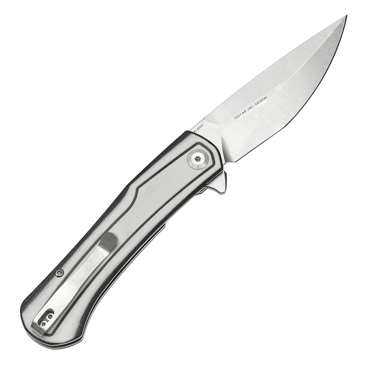Tenable Kratos Folding Knife Black and White G10 Handle(3.79" Stonewashed Nitro-V Blade) Ostap Hel Design-T1024A5 - Image 8