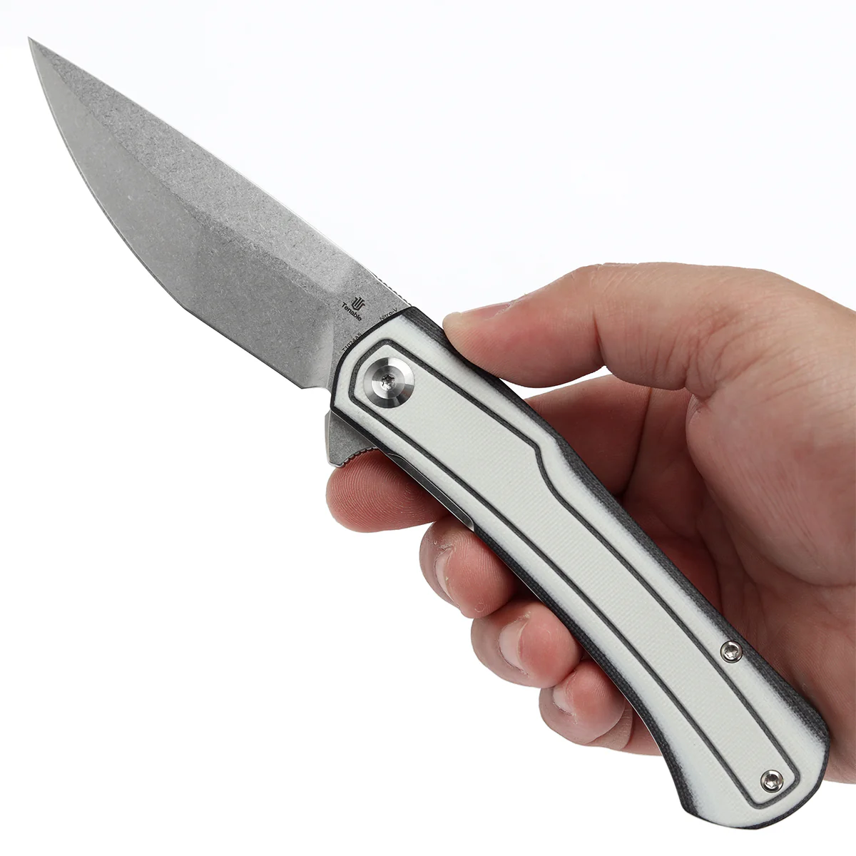Tenable Kratos Folding Knife Black and White G10 Handle(3.79" Stonewashed Nitro-V Blade) Ostap Hel Design-T1024A5 - Image 9