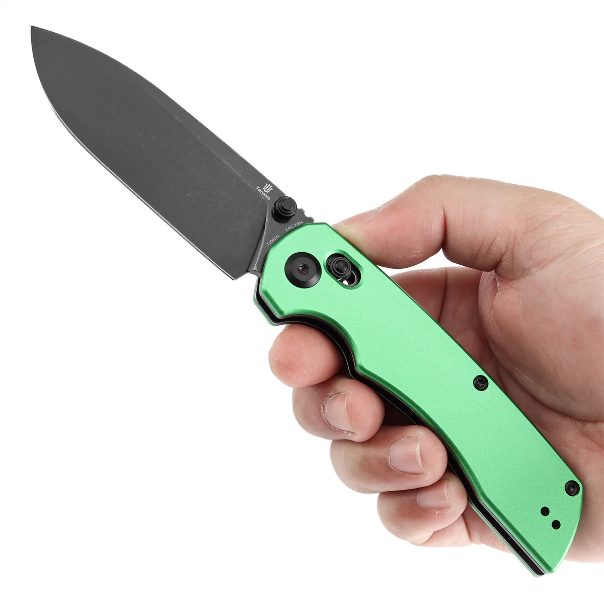 Tenable Kryo Cross Bar Lock Green Anodized Aluminum Handle (3.58‘’ Blackwash 14C28N Blade) Kim Ning Design-T1001V1 - Image 9