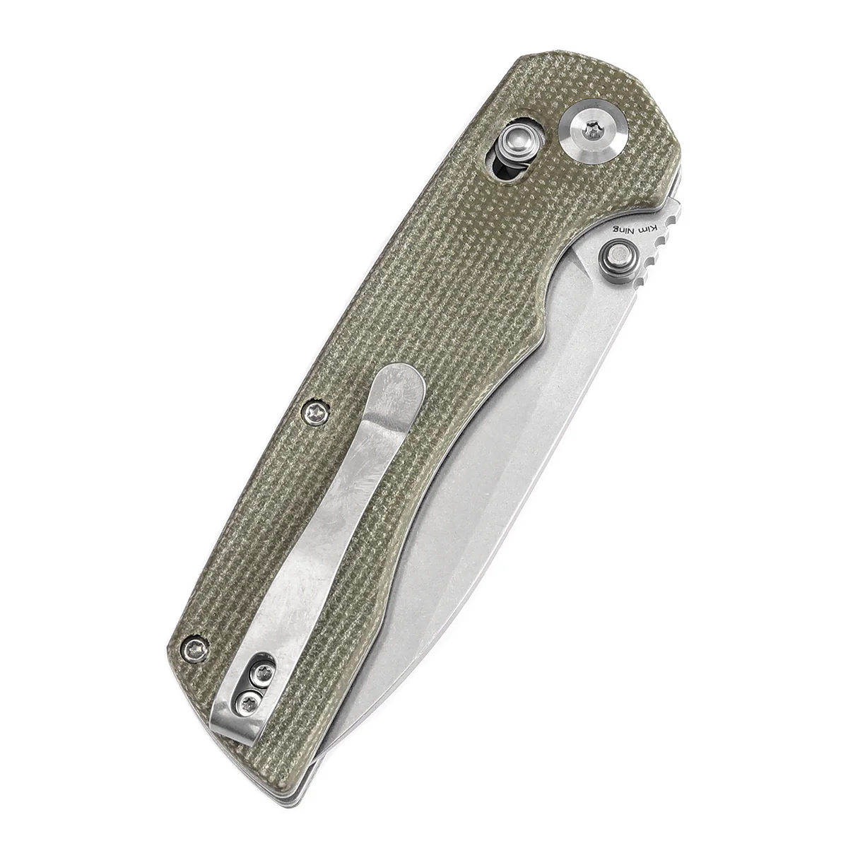 Tenable Kryo Cross Bar Lock Green Micarta Handle (3.58‘’ Stonewashed 14C28N Blade) Kim Ning Design-T1001V6 - Image 7