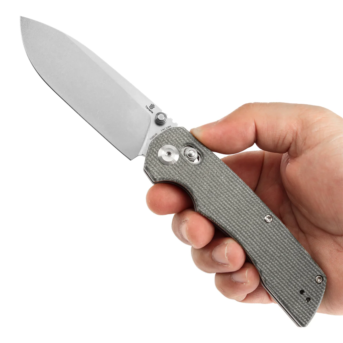 Tenable Kryo Cross Bar Lock Green Micarta Handle (3.58‘’ Stonewashed 14C28N Blade) Kim Ning Design-T1001V6 - Image 9