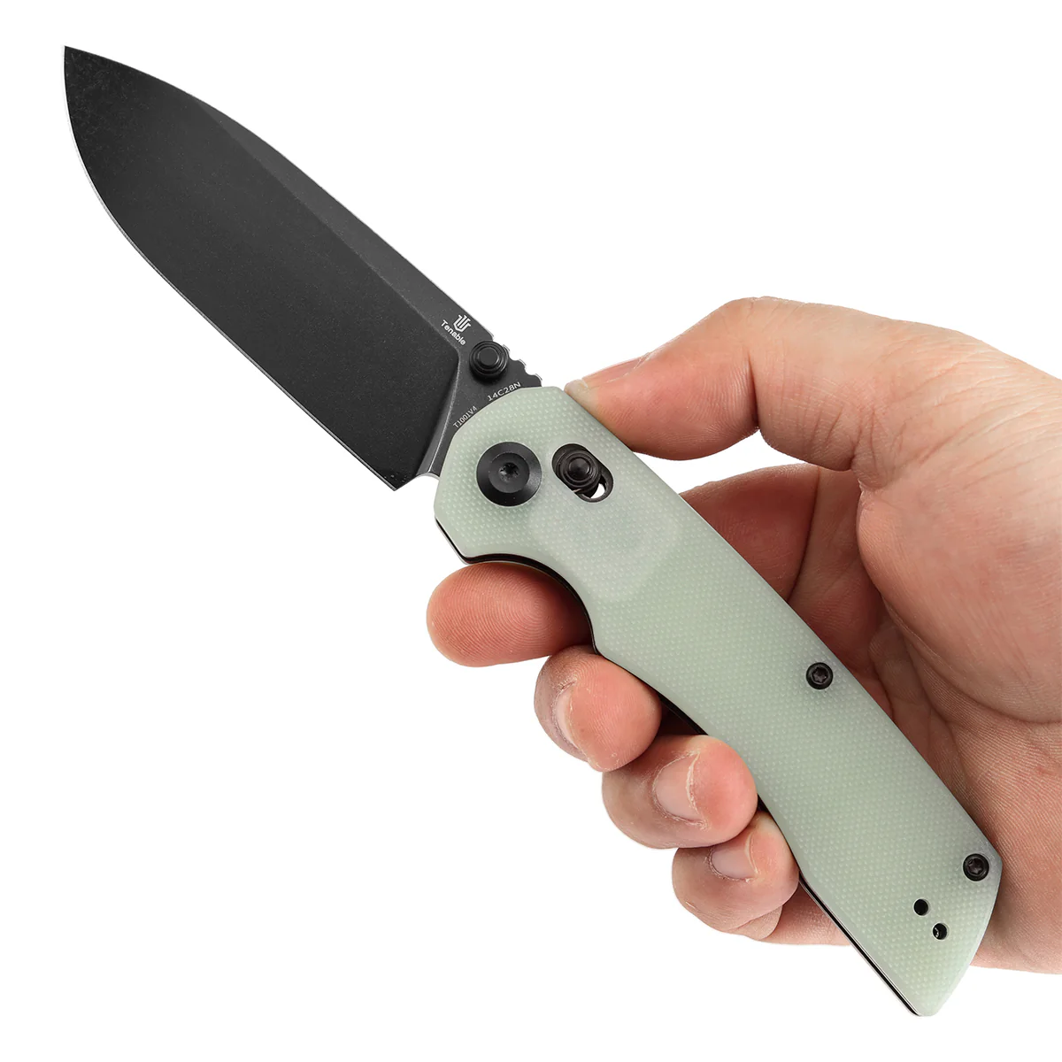 Tenable Kryo Cross Bar Lock Jade G10 Handle (3.58‘’ Blackwash 14C28N Blade) Kim Ning Design-T1001V4 - Image 9
