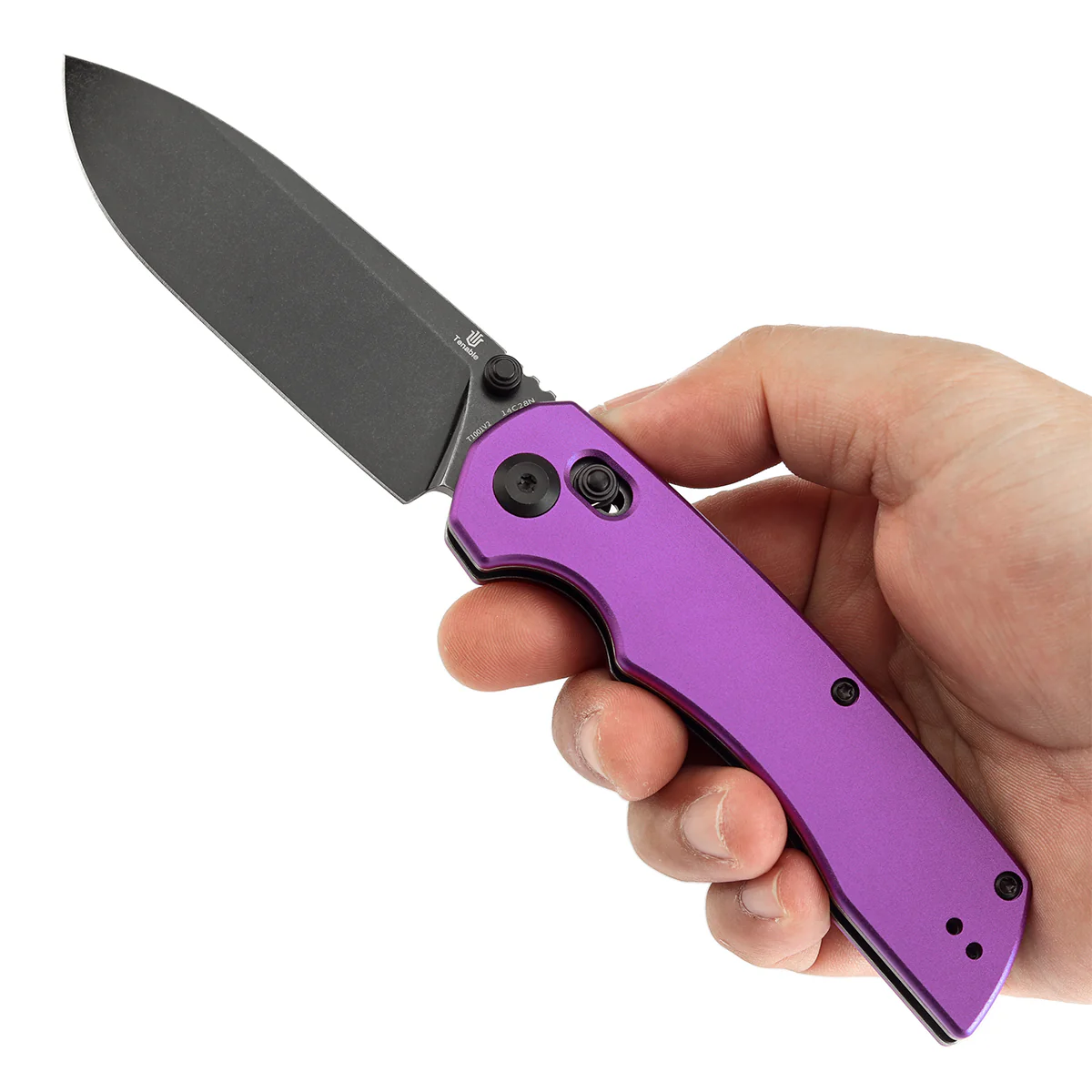 Tenable Kryo Cross Bar Lock Purple Anodized Aluminum Handle (3.58‘’ Blackwash 14C28N Blade) Kim Ning Design-T1001V2 - Image 9