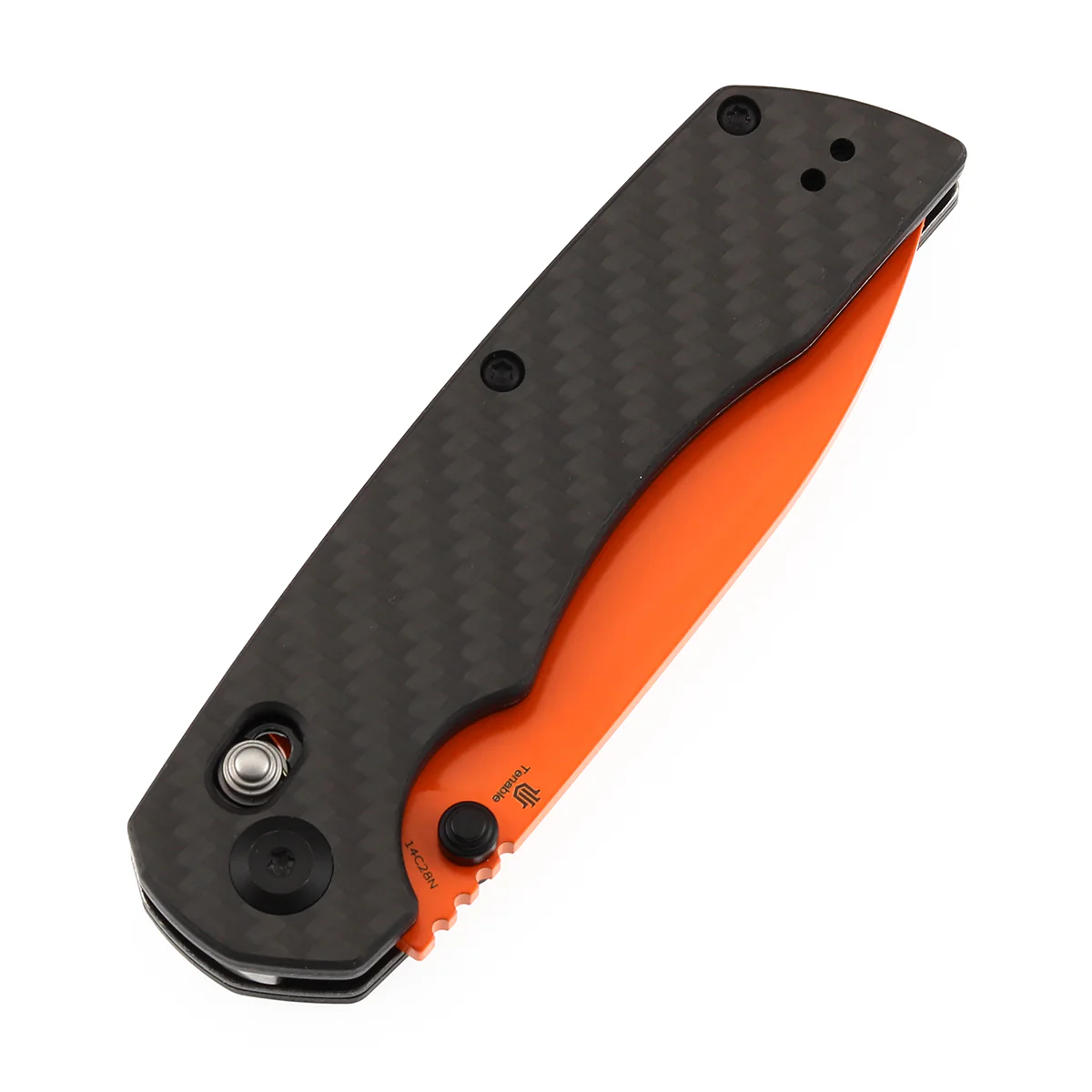 Tenable Kryo Cross Bar Lock |Twill Carbon Fiber+G10 Handle | 3.58‘’ Orange Coated 14C28N Blade | Kim Ning Design-T1001V12 - Image 6