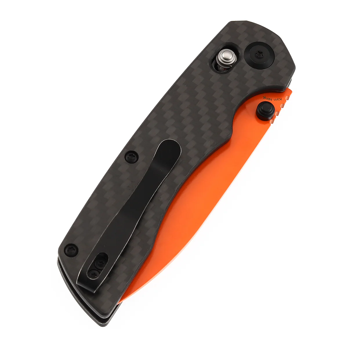 Tenable Kryo Cross Bar Lock |Twill Carbon Fiber+G10 Handle | 3.58‘’ Orange Coated 14C28N Blade | Kim Ning Design-T1001V12 - Image 7