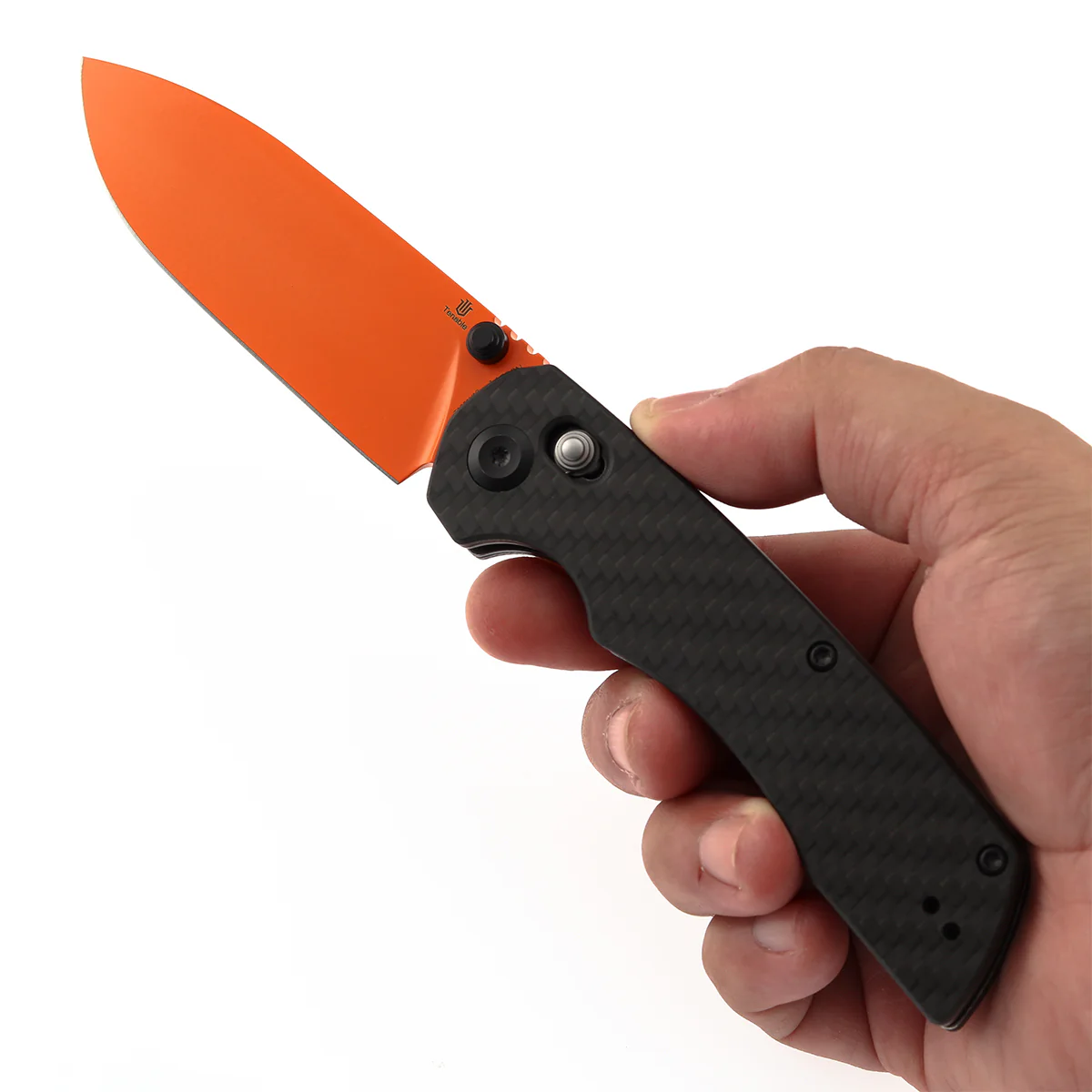 Tenable Kryo Cross Bar Lock |Twill Carbon Fiber+G10 Handle | 3.58‘’ Orange Coated 14C28N Blade | Kim Ning Design-T1001V12 - Image 9