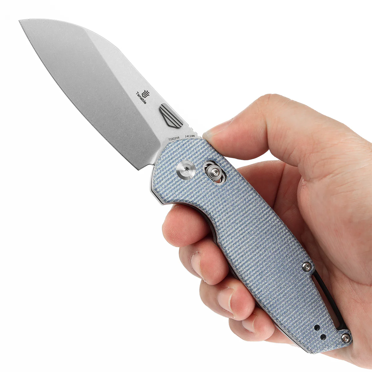 Tenable Model 6 Cross Bar Lock Blue Micarta Handle (3.1" Stonewashed 14C28N Blade) Nick Swan Design--T1022V6 - Image 9