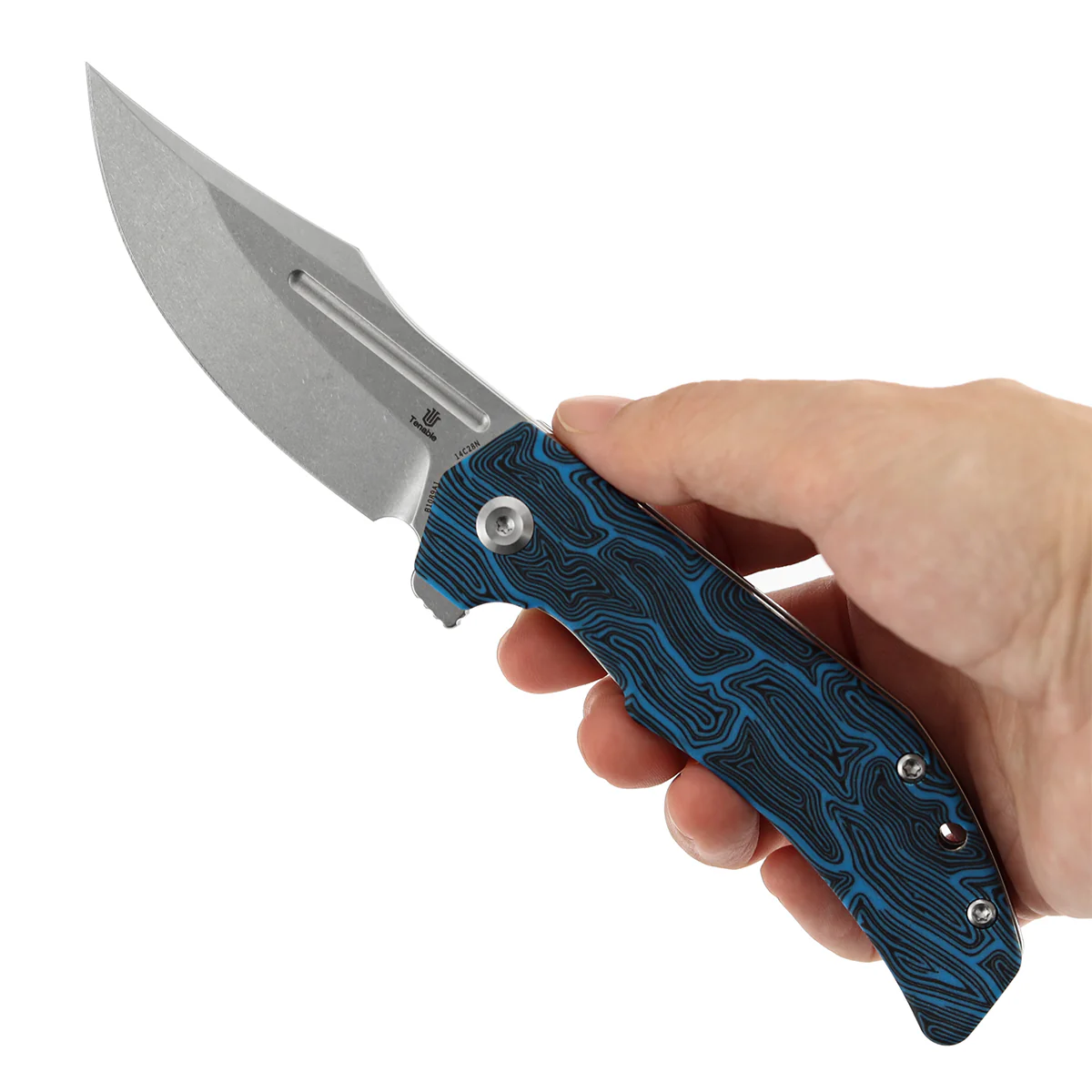Tenable Orion Flipper Folding Knife | Blue Topo G-mascus Handle | Stonewashed 14C28N | JB Stout Design | B1089A1 - Image 9
