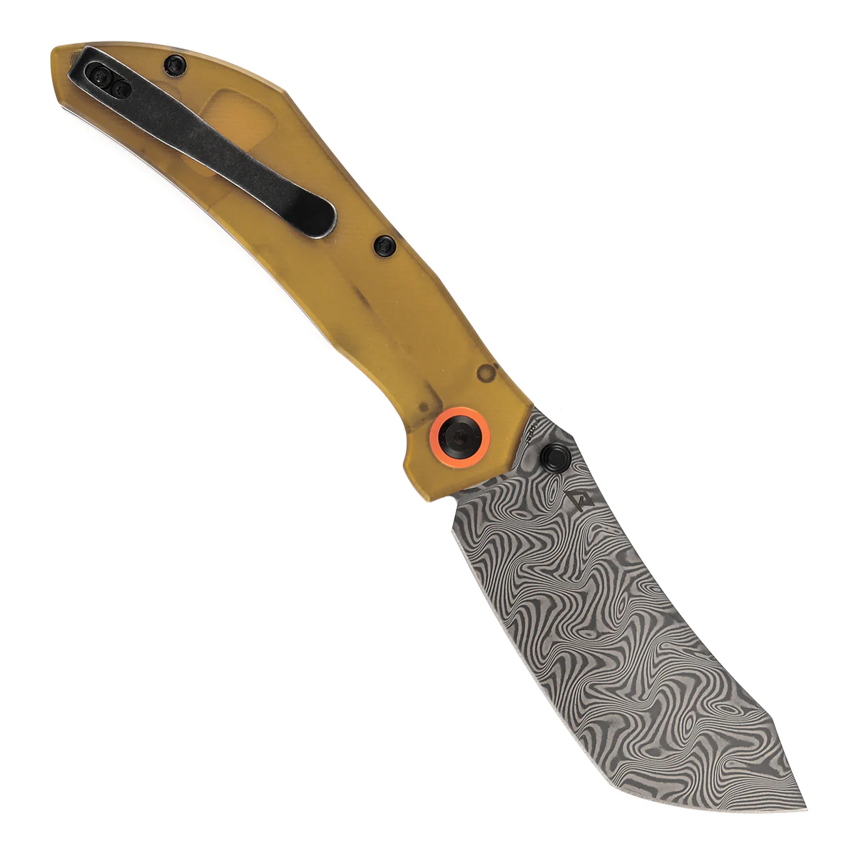 Tenable Tipper Folding Knife | 3.39'' Damascus Blade | Amber PEI/Ultem Handle | Edgy Bladeworks Design | B1079A5 - Image 3