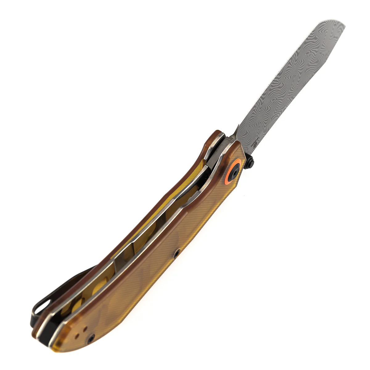 Tenable Tipper Folding Knife | 3.39'' Damascus Blade | Amber PEI/Ultem Handle | Edgy Bladeworks Design | B1079A5 - Image 4