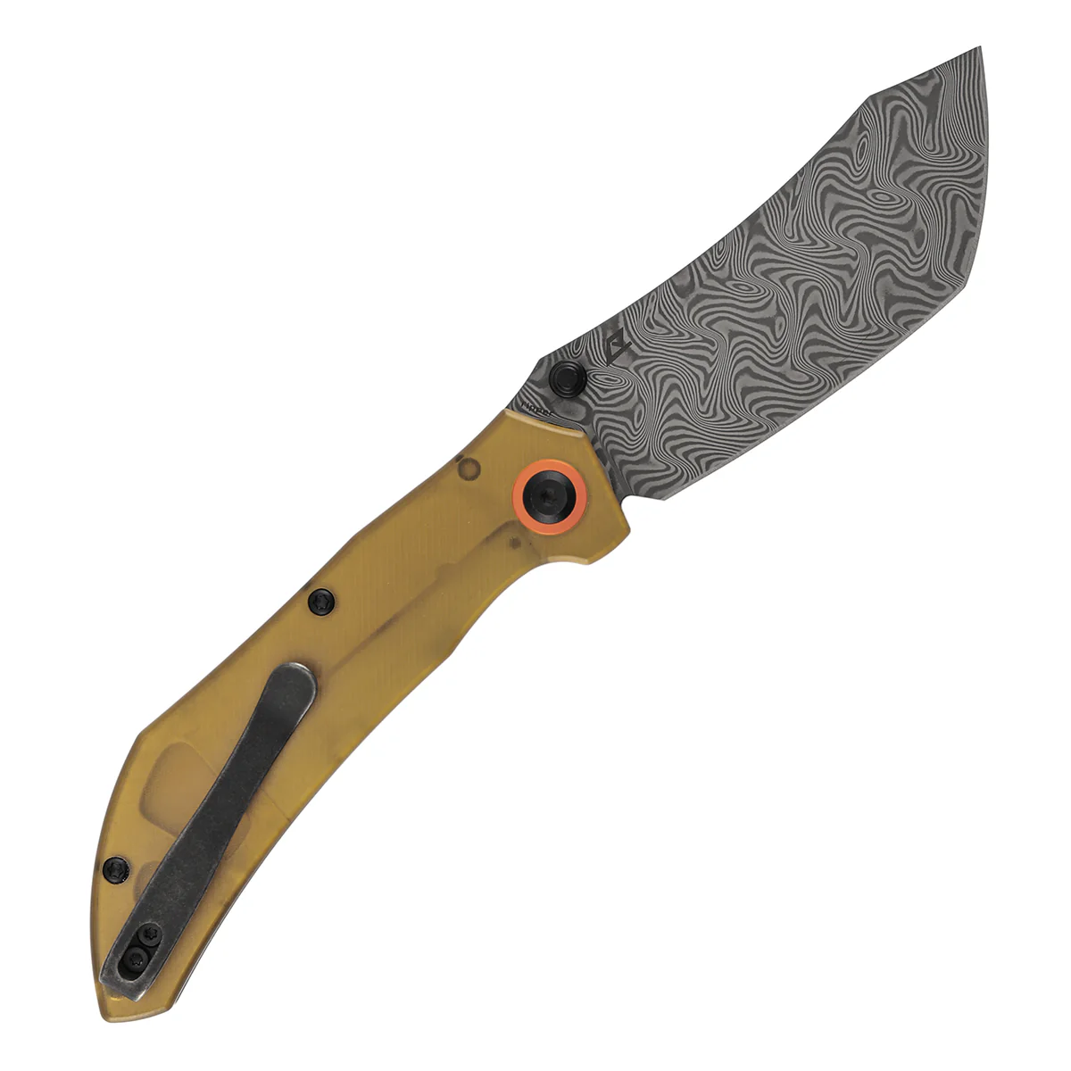 Tenable Tipper Folding Knife | 3.39'' Damascus Blade | Amber PEI/Ultem Handle | Edgy Bladeworks Design | B1079A5 - Image 8