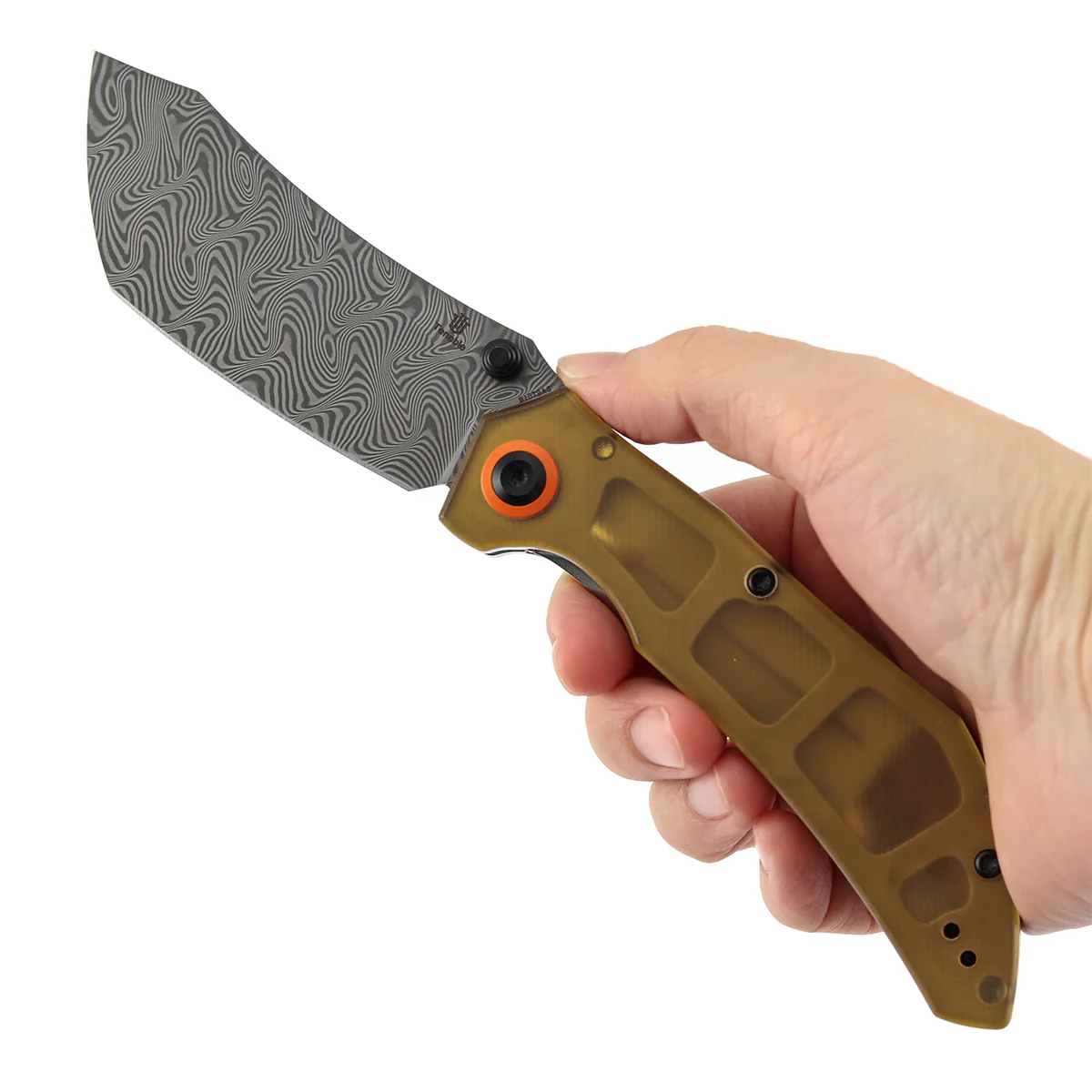 Tenable Tipper Folding Knife | 3.39'' Damascus Blade | Amber PEI/Ultem Handle | Edgy Bladeworks Design | B1079A5 - Image 9