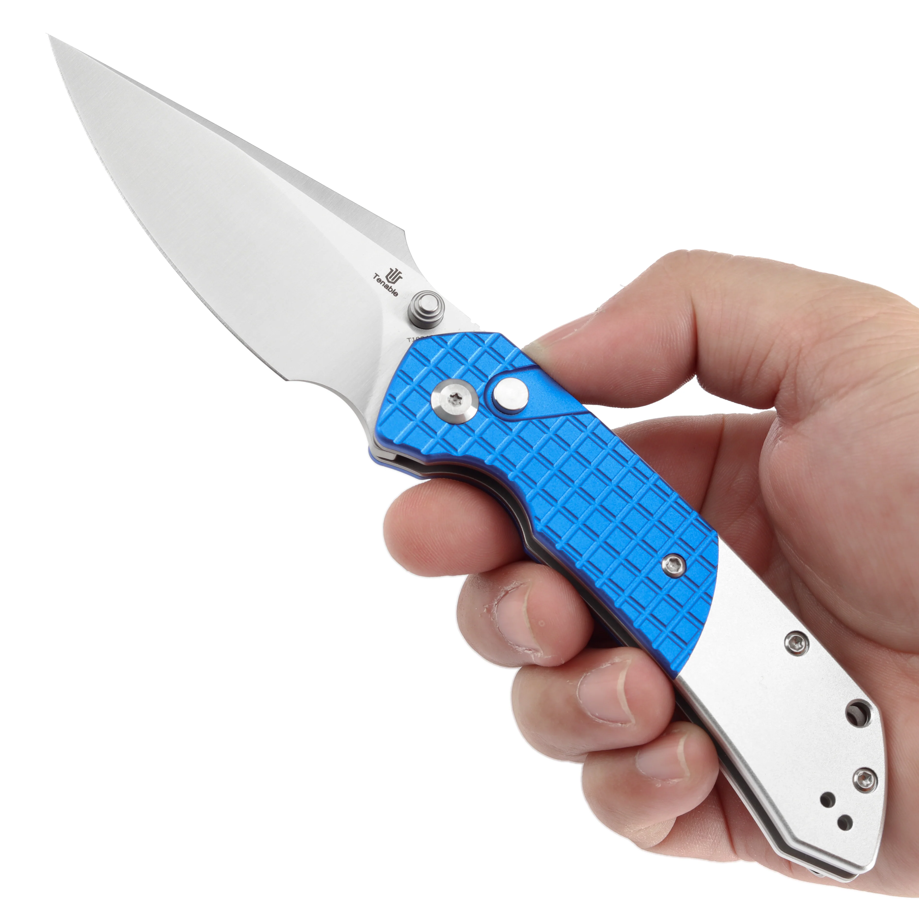 WMK Exclusive Tenable Fenrir Folding Knife Button Lock Blue Frag G10 & Aluminum 14c28n Blade T1034S1 - Image 9